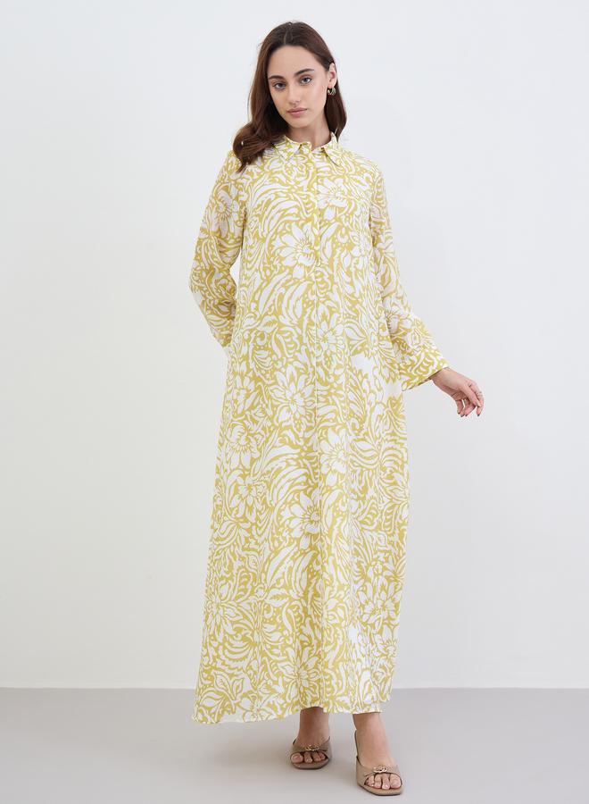 Amirah Women Yellow Floral Printed Collared Jalabiya - Image 2